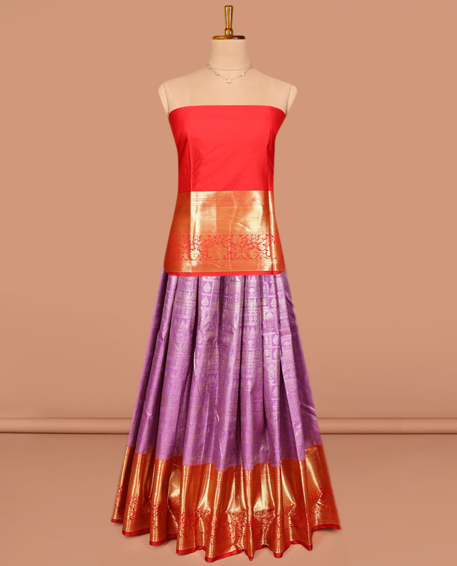 Pink Art Silk Pavadai Material Set, Mesmerized with Jacquard on Its Skirt, Complemented by a Contrast Traditional Zari Designs Border, and Paired with a Contrast Blouse