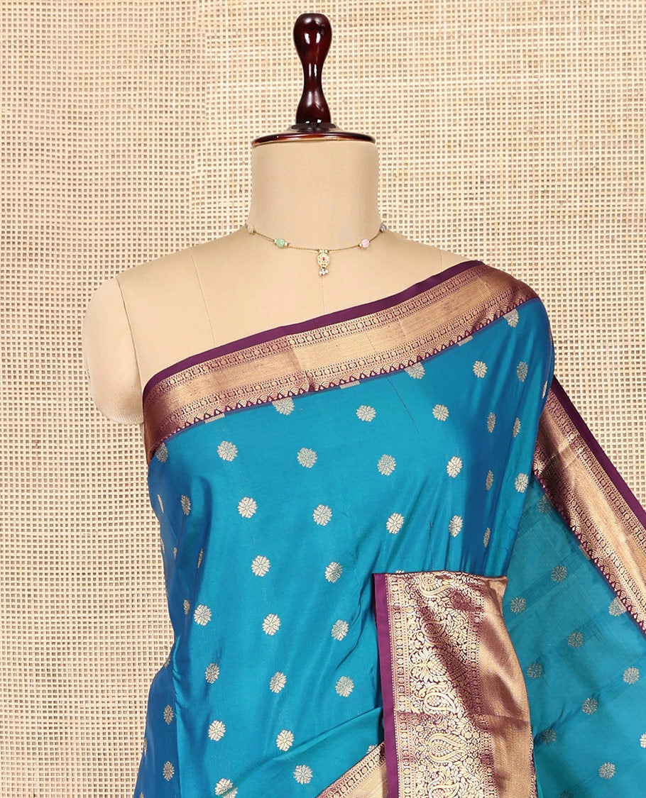 Blue Budget Silk Saree, Enriched with Zari Buttas, Complemented by a Contrast Traditional Border, Grand Pallu, and a Contrast Blouse