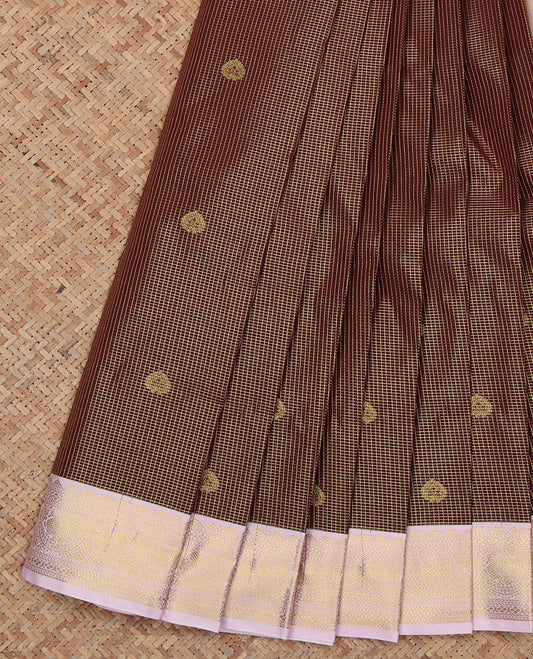 Brown Budget Silk Saree, Detailed with Zari Buttas and Checks, a Contrast Traditional Zari Border, Grand Pallu, and a Contrast Blouse