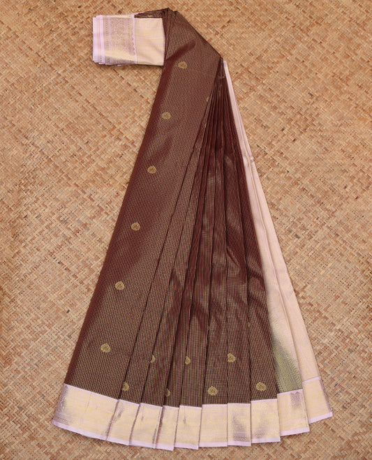 Brown Budget Silk Saree, Detailed with Zari Buttas and Checks, a Contrast Traditional Zari Border, Grand Pallu, and a Contrast Blouse