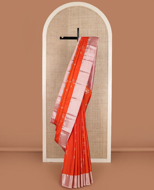Orange zari buttas gift saree, contrast traditional zari border, and pallu of jaal design