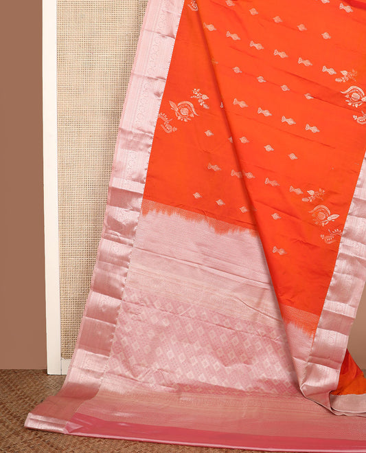 Orange zari buttas gift saree, contrast traditional zari border, and pallu of jaal design
