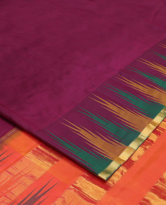 Purple plain Bangalore silk saree, contrast ganga jamuna temple border, and temple design pallu