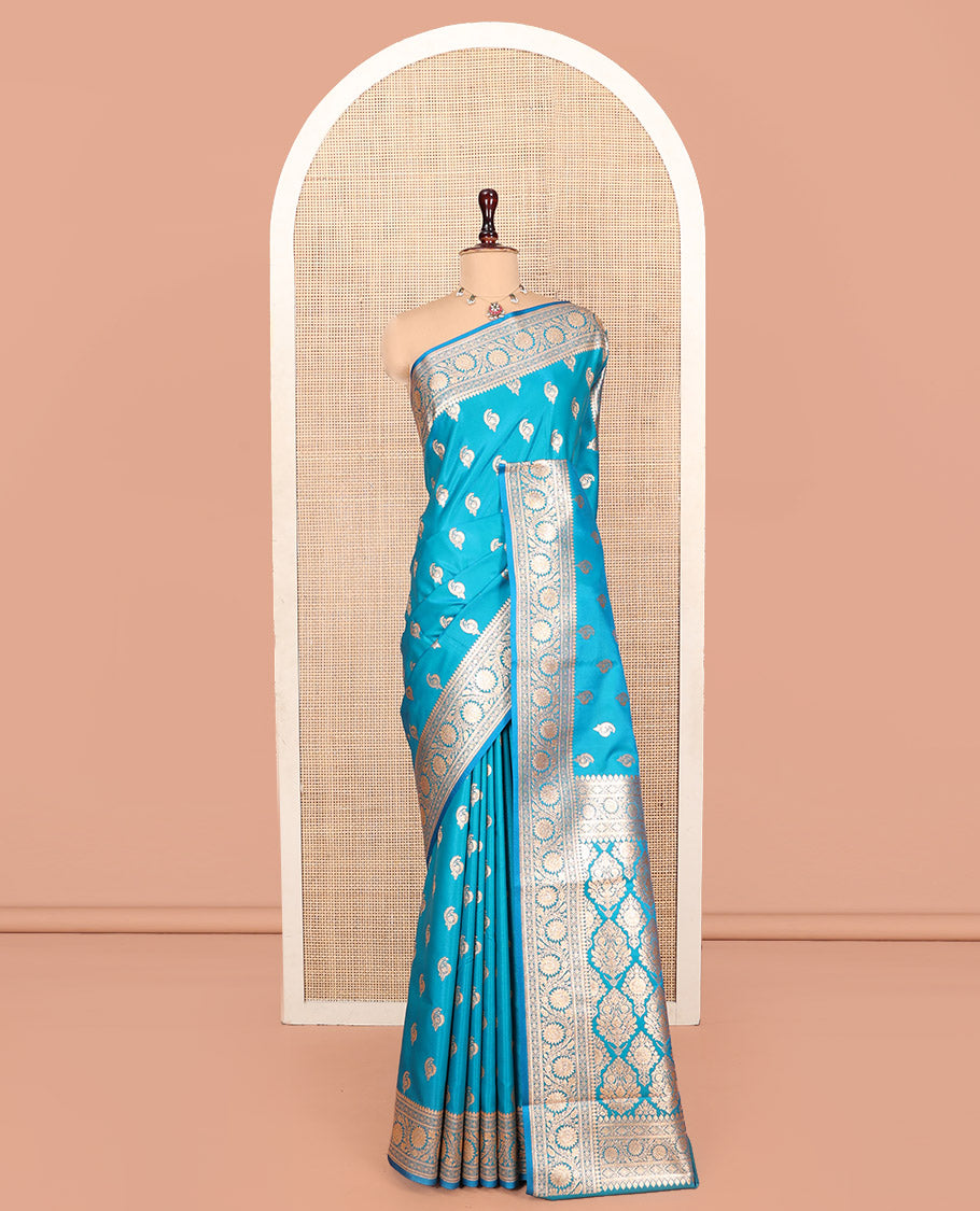 Blue Banarasi Nylon Saree, Bedecked with Zari Buttas, a Traditional Zari Border, Intricate Pallu, and a Matching Blouse