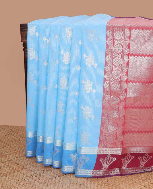 Blue striped, floral design semi silk saree with self zari design border & chevron design pallu