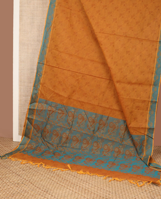 Orange unique motifs Coimbatore cotton saree, floral creeper border, & contrast floral-geometric pallu
