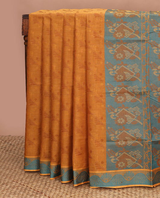 Orange unique motifs Coimbatore cotton saree, floral creeper border, & contrast floral-geometric pallu