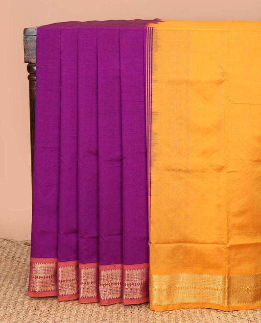 Purple plain poly cotton saree, contrast traditional zari border, and striped pallu