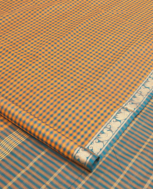 Multi-color checked nine-yard cotton saree, self-border, and striped pallu