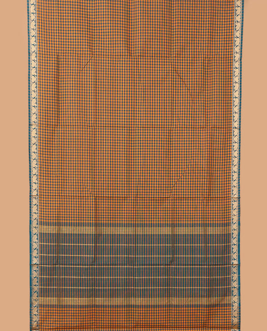 Multi-color checked nine-yard cotton saree, self-border, and striped pallu