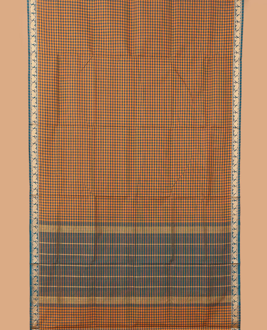 Multi-color checked nine-yard cotton saree, self-border, and striped pallu