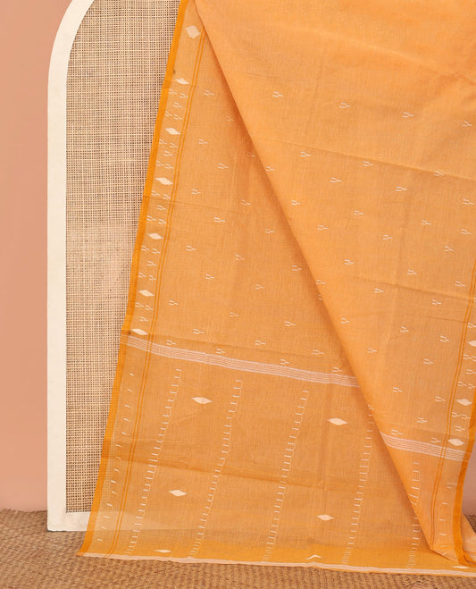 Orange Bengal Cotton Saree Delicately Woven with Temple Thread Buttas, a Self-Border, Self-Pallu, and No Blouse