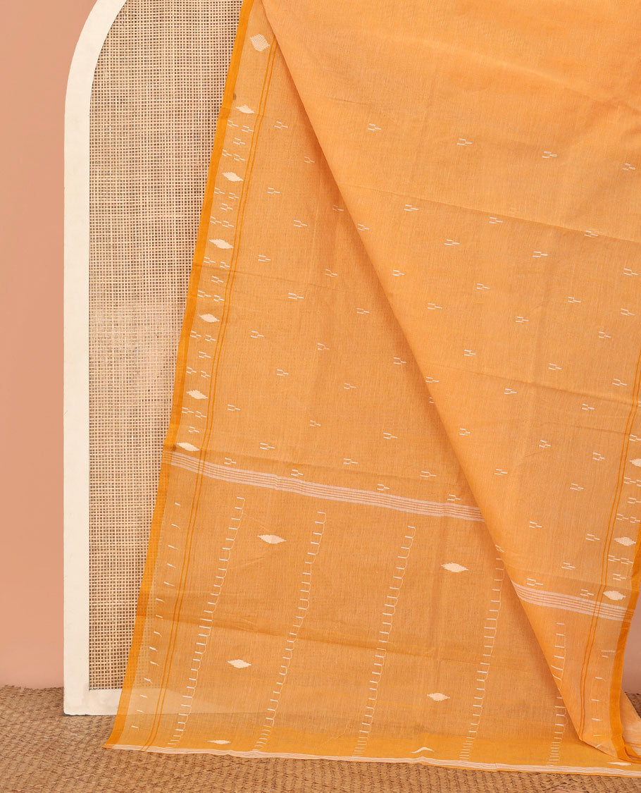 Orange Bengal Cotton Saree Delicately Woven with Temple Thread Buttas, a Self-Border, Self-Pallu, and No Blouse