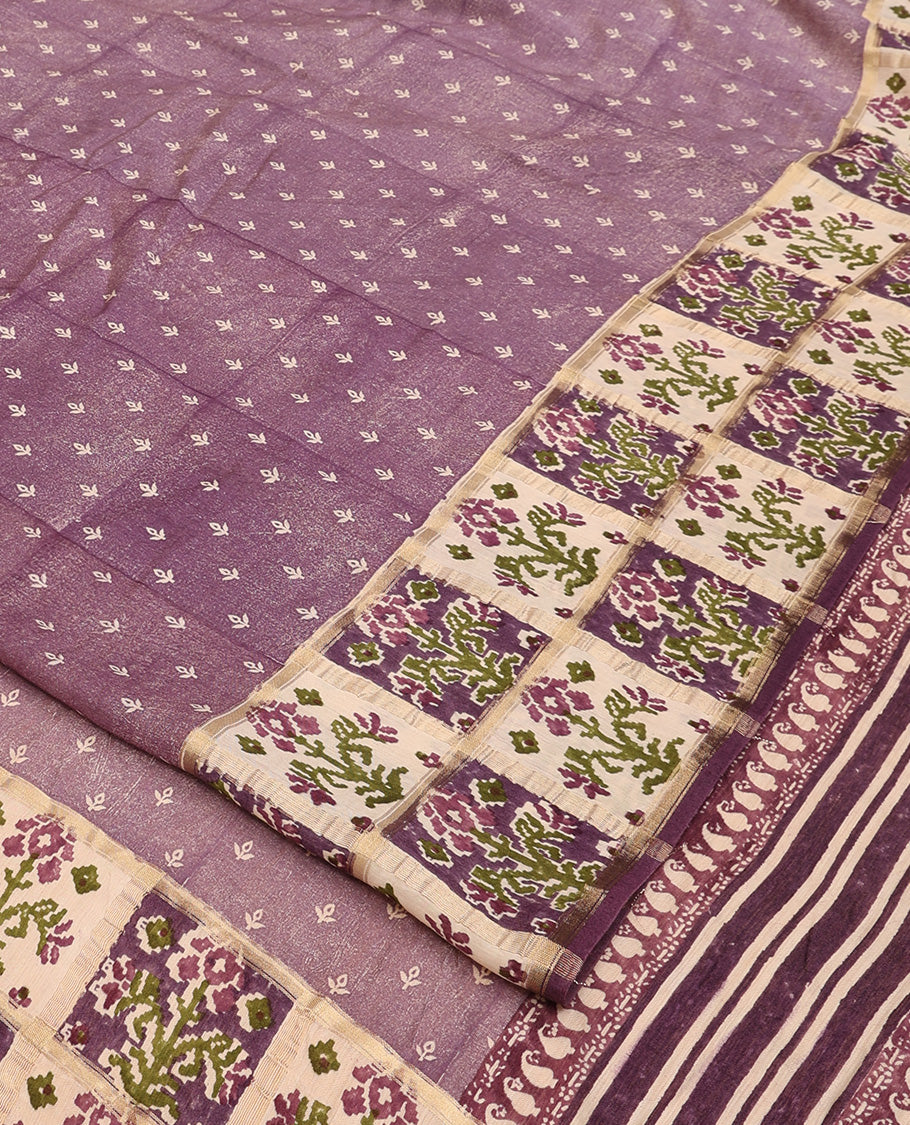 Lavender floral motifs hand block printed Muga silk saree, contrast Patola floral block printed border, and pallu of mango and stripes block print