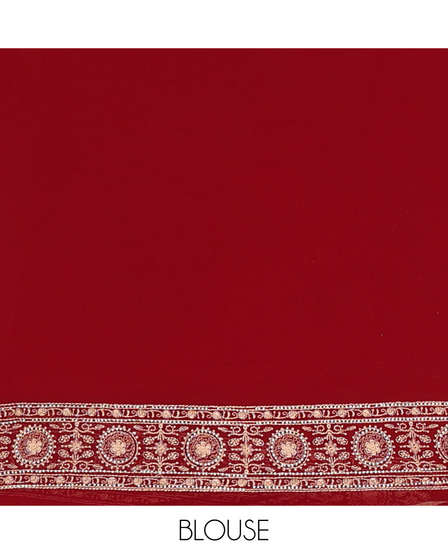 Light maroon base antique gold thread embroidered designer saree features Mughal style floral, and paisleys