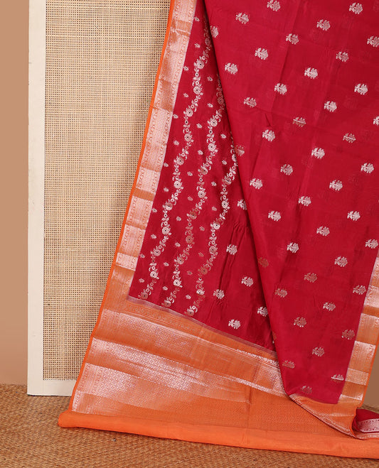 Red floral buttas, and floral creeper designs raw mango silk saree, contrast traditional zari border, and jaal pallu