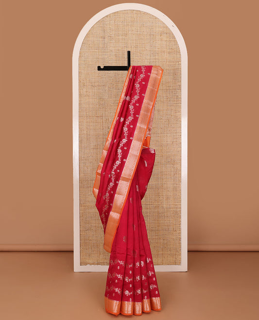 Red floral buttas, and floral creeper designs raw mango silk saree, contrast traditional zari border, and jaal pallu