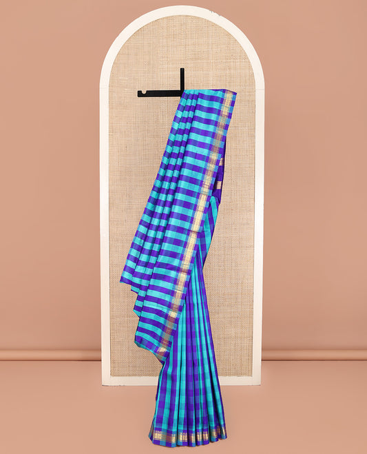 Multi-Color Kanchipuram Silk Saree, Decorated with a Checked Design on Its Body, Highlighted by a Zari One-Sided Border of Rekku, Banaras, and Jaal Designs, Pallu of Zari Designs, and Comes Without a Blouse