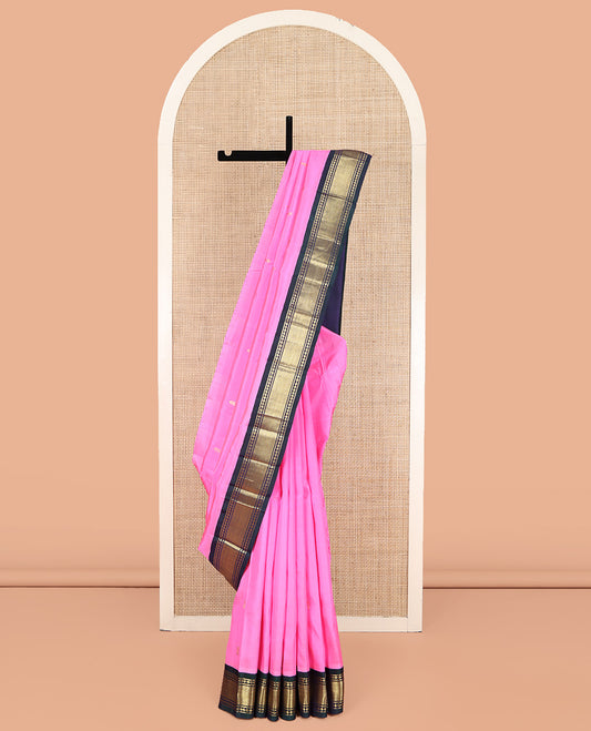 Pink Kanchipuram Silk Saree, Beautified with Zari Buttas on Its Body, Complemented by a Contrast One-Sided Korvai Border of Banaras, Lavangam, and Mayil Kann Designs, Pallu of Zari Designs, and Comes Without a Blouse