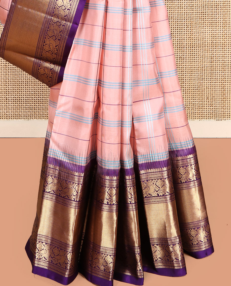 Peach Checked Kanchipuram Silk Saree, Complemented by a Contrast Traditional Border of Mayil Designs, Jaal Pallu, and a Contrast Blouse