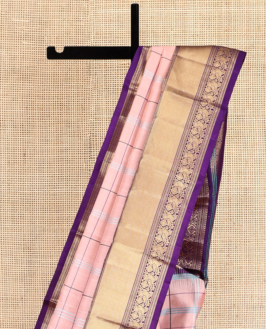 Peach Checked Kanchipuram Silk Saree, Complemented by a Contrast Traditional Border of Mayil Designs, Jaal Pallu, and a Contrast Blouse