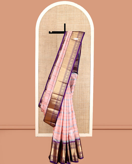 Peach Checked Kanchipuram Silk Saree, Complemented by a Contrast Traditional Border of Mayil Designs, Jaal Pallu, and a Contrast Blouse