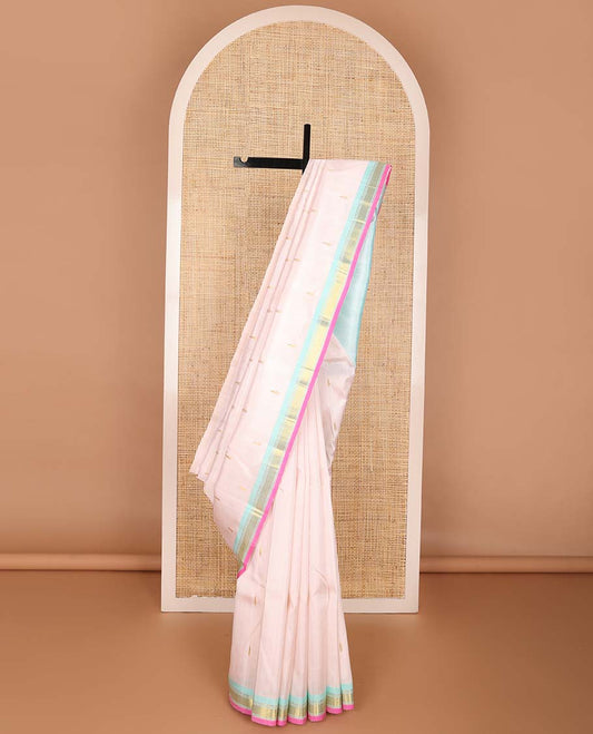 Baby pink buttas kancheepuram silk saree with contrast border of rekku, banaras design & zari design pallu