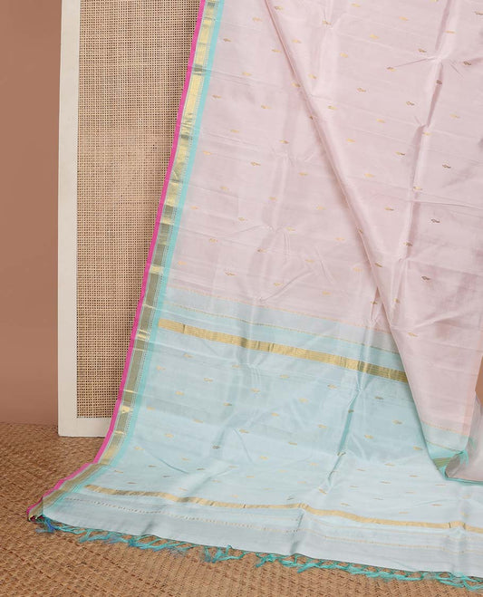 Baby pink buttas kancheepuram silk saree with contrast border of rekku, banaras design & zari design pallu