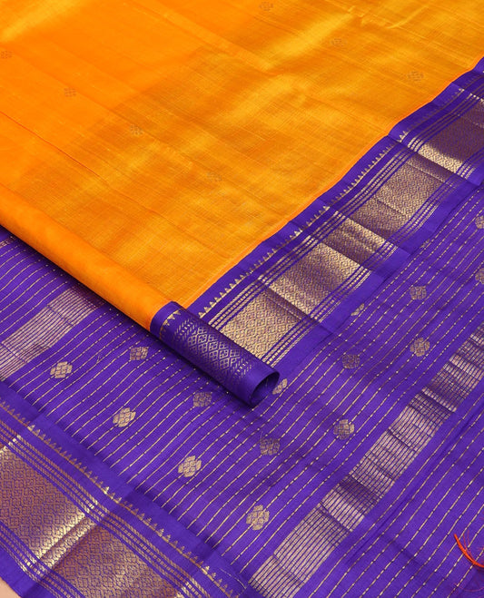 Orange zari buttas Kanchipuram silk saree, contrast one-sided border of reeku,banaras,muthu & jaal & zari design pallu