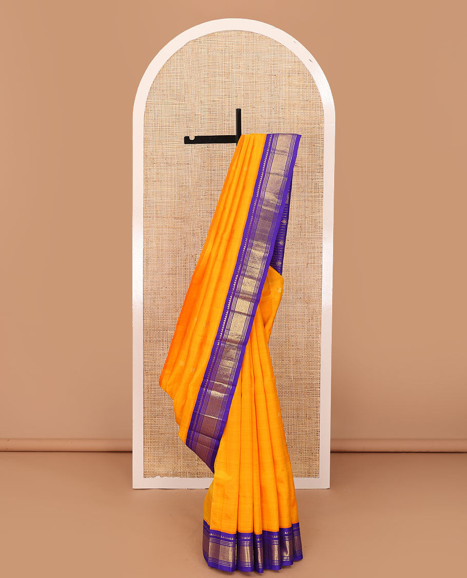 Orange zari buttas Kanchipuram silk saree, contrast one-sided border of reeku,banaras,muthu & jaal & zari design pallu