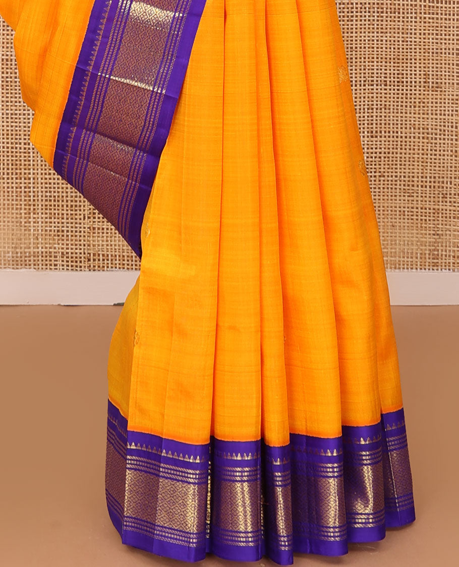 Orange zari buttas Kanchipuram silk saree, contrast one-sided border of reeku,banaras,muthu & jaal & zari design pallu