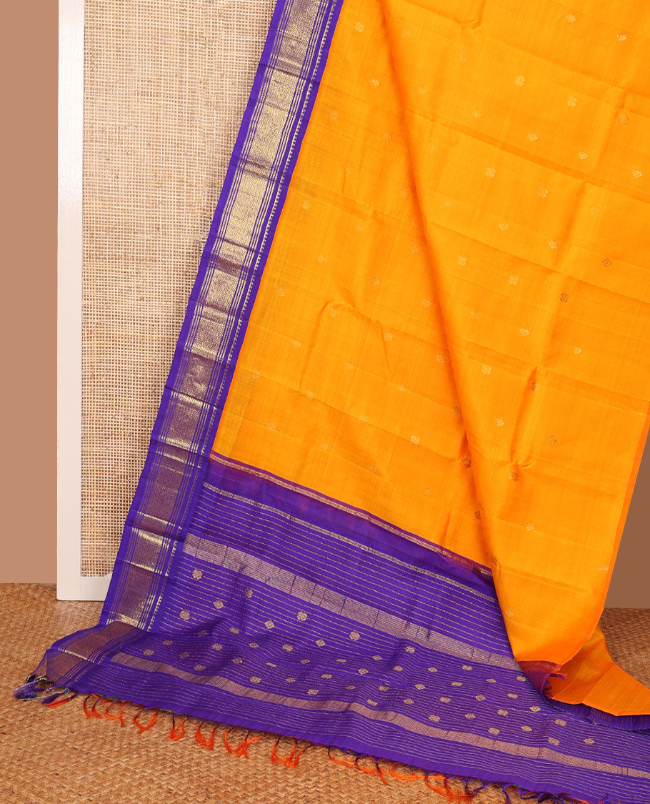 Orange zari buttas Kanchipuram silk saree, contrast one-sided border of reeku,banaras,muthu & jaal & zari design pallu