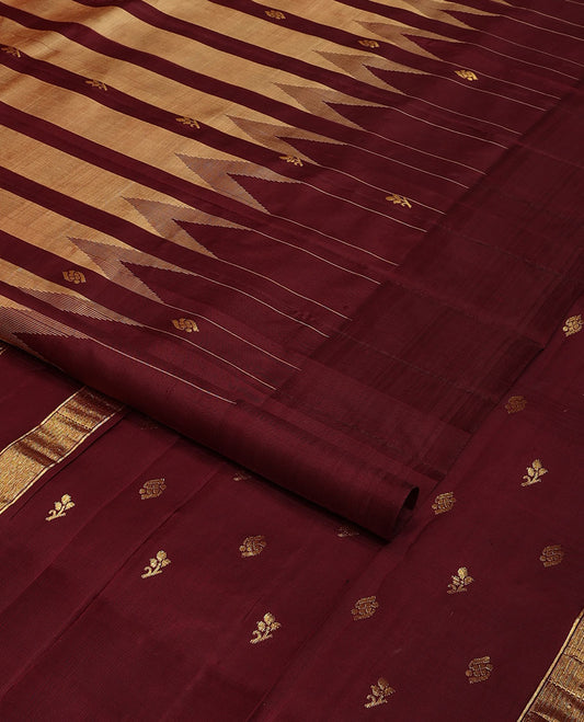 Sandal-maroon striped & zari buttas Kanchipuram silk saree, one-sided thazampoo rekku zari border & zari design pallu