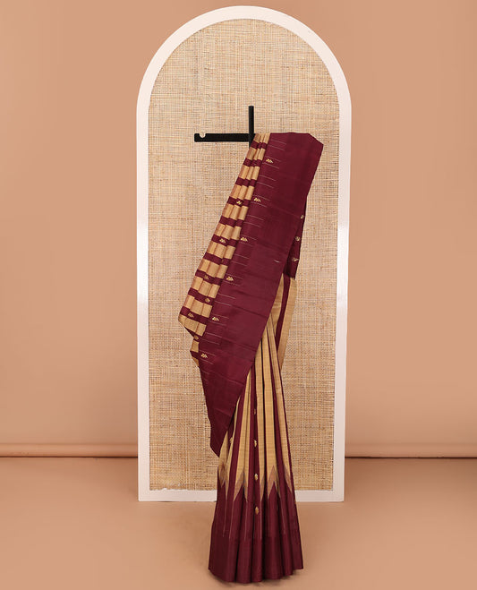 Sandal-maroon striped & zari buttas Kanchipuram silk saree, one-sided thazampoo rekku zari border & zari design pallu