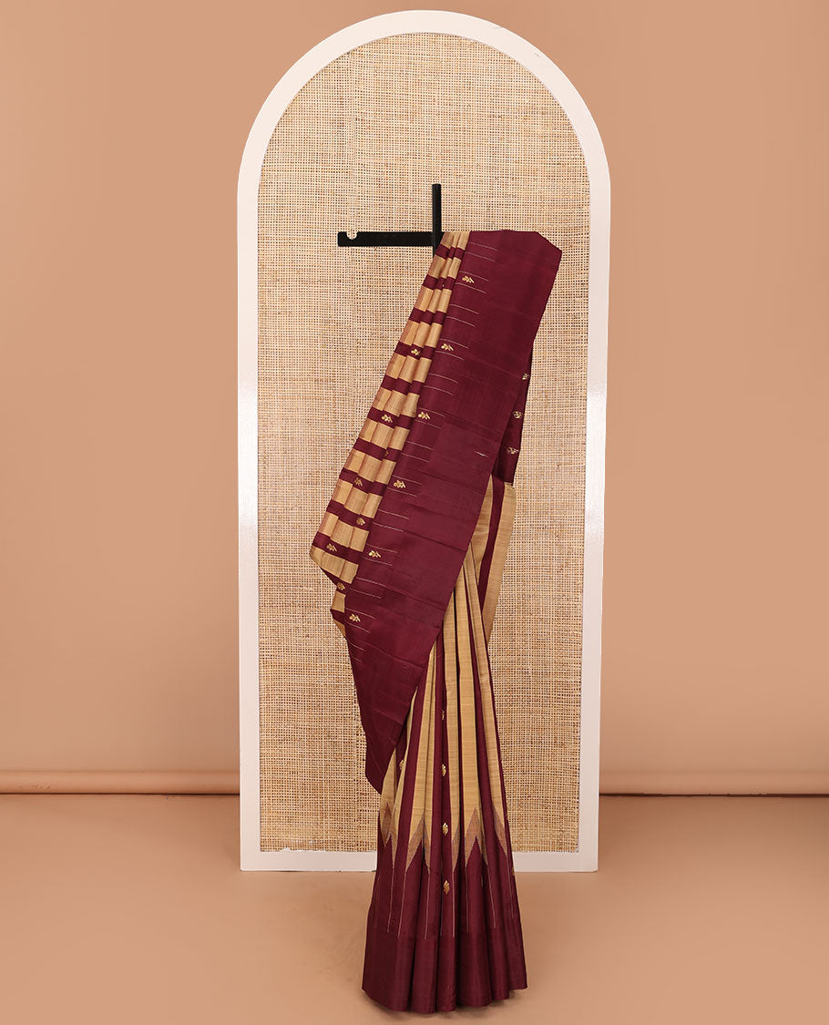 Sandal-maroon striped & zari buttas Kanchipuram silk saree, one-sided thazampoo rekku zari border & zari design pallu