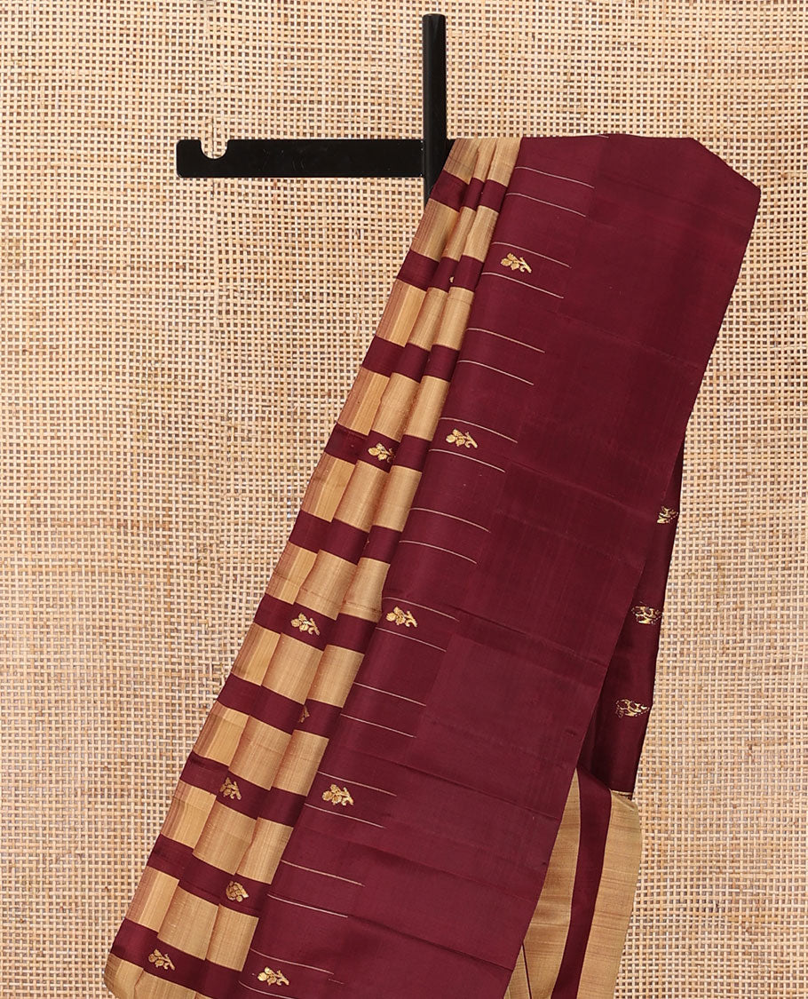 Sandal-maroon striped & zari buttas Kanchipuram silk saree, one-sided thazampoo rekku zari border & zari design pallu