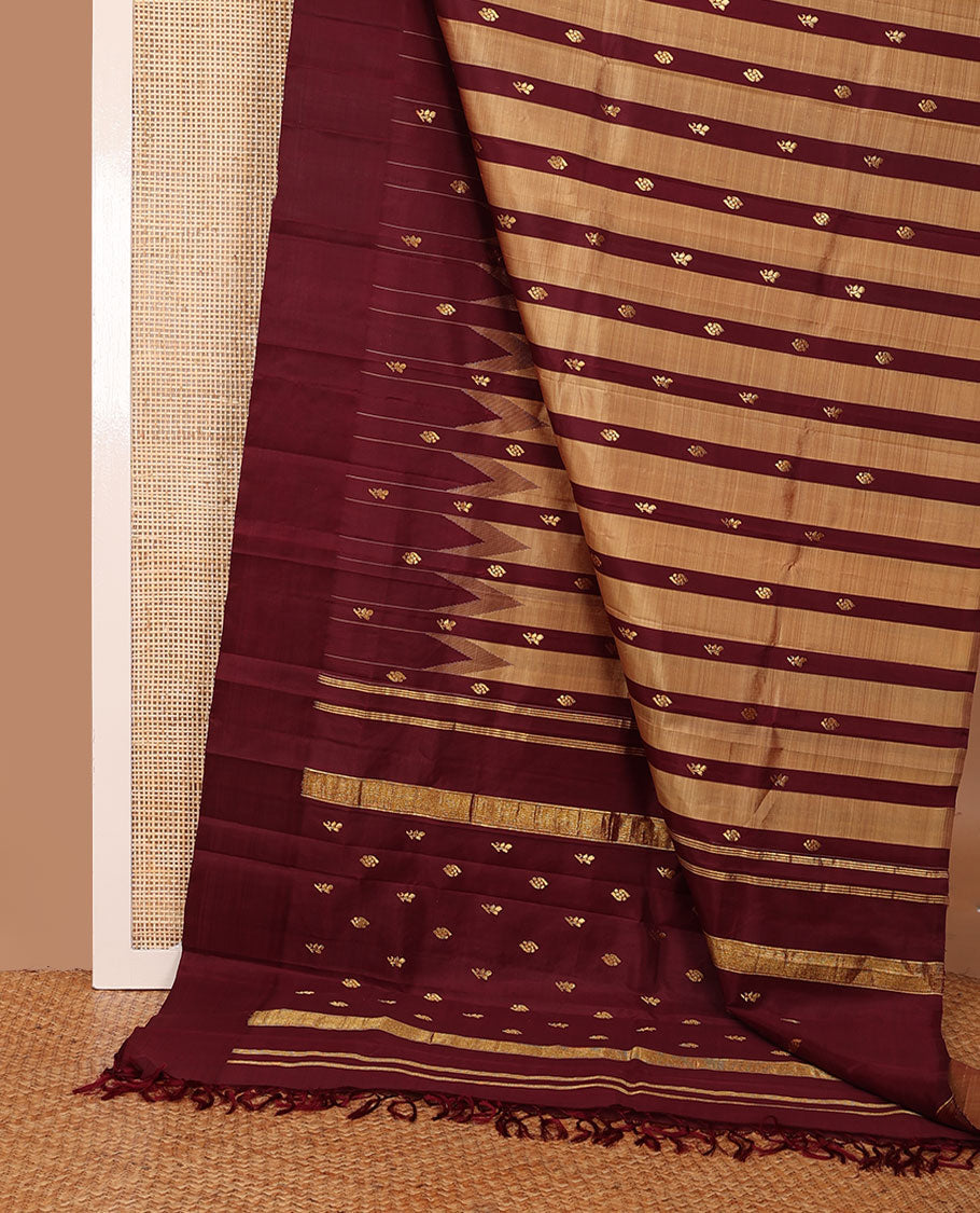 Sandal-maroon striped & zari buttas Kanchipuram silk saree, one-sided thazampoo rekku zari border & zari design pallu