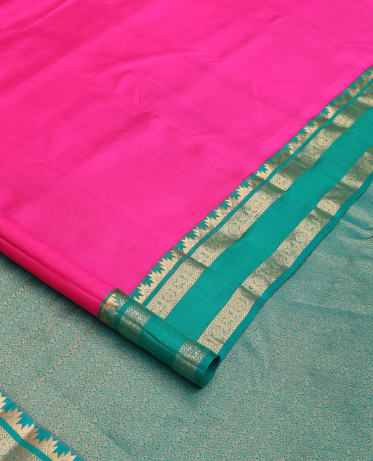 Pink plain Kanchipuram silk saree, contrast rettai pettu border of thazampoo rekku, neli, chakram, and kuthirai, and jaal pallu
