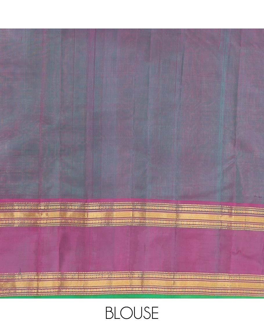 Blue plain Kanchipuram silk saree, contrast rettai pettu border of rekku, banaras, poun and vanki designs, and zari design pallu