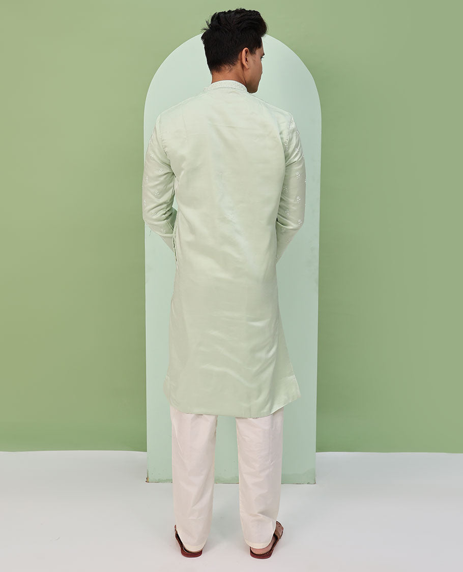 Pale green floral buttas embroidered  & neck floral work full-sleeved kurta