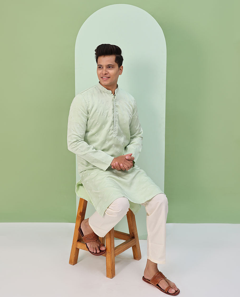 Pale green floral buttas embroidered  & neck floral work full-sleeved kurta