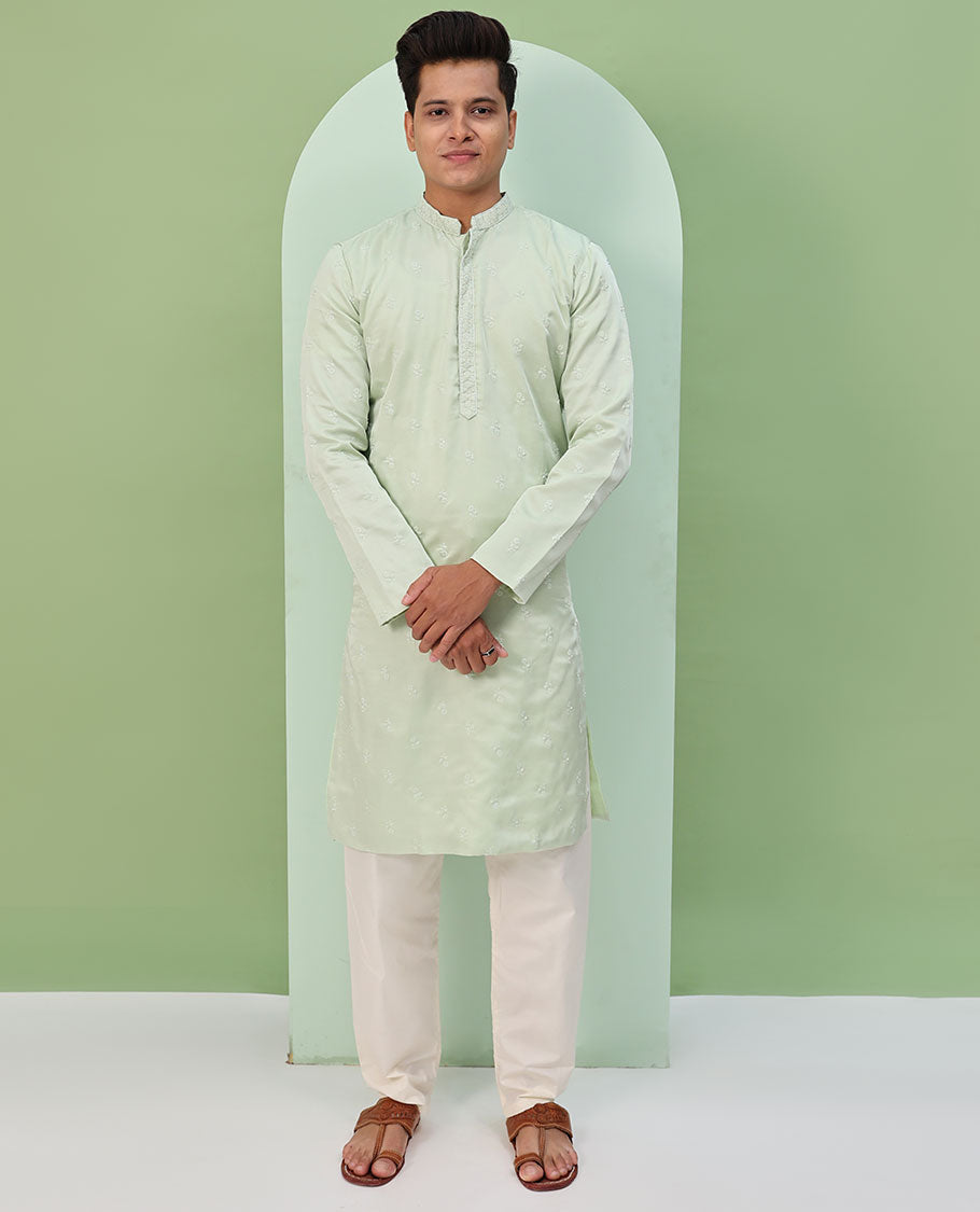 Pale green floral buttas embroidered  & neck floral work full-sleeved kurta