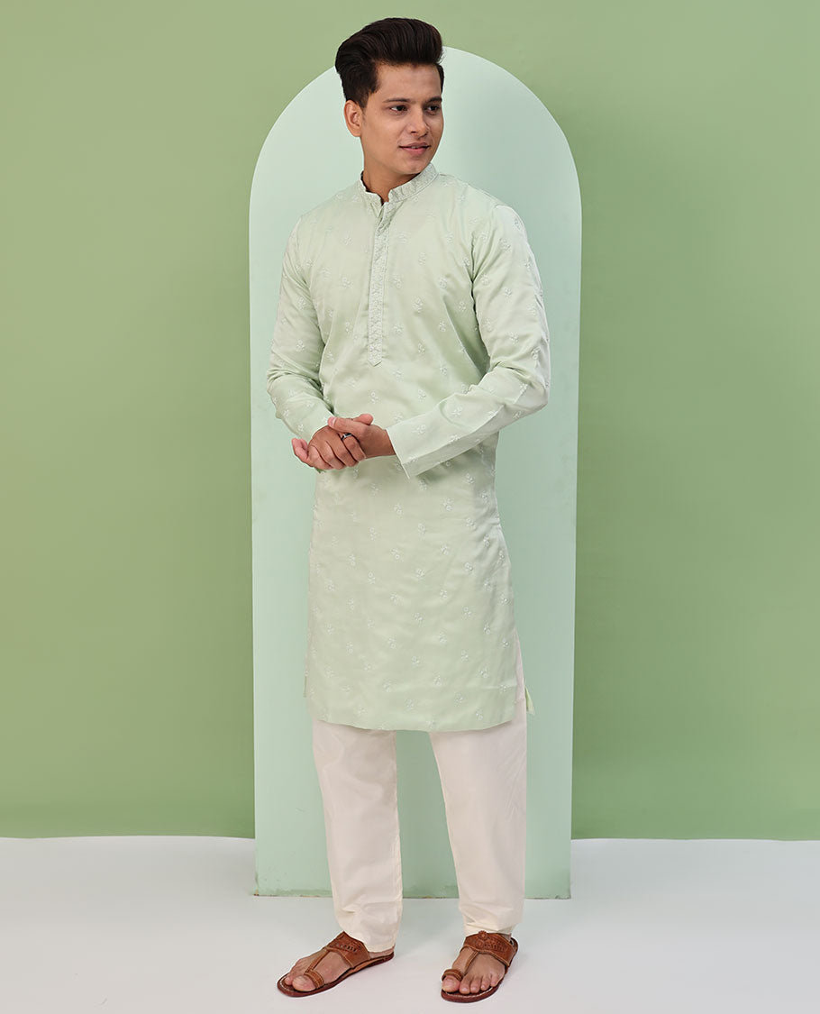 Pale green floral buttas embroidered  & neck floral work full-sleeved kurta