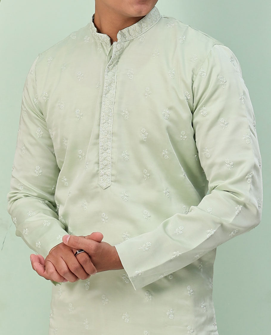 Pale green floral buttas embroidered  & neck floral work full-sleeved kurta