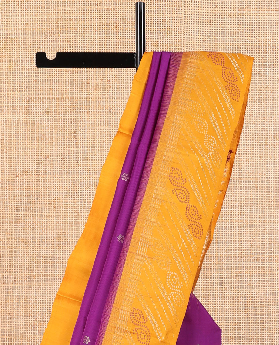Purple flower motifs mayuri soft silk saree with contrast zari design border & bandhani floral design pallu