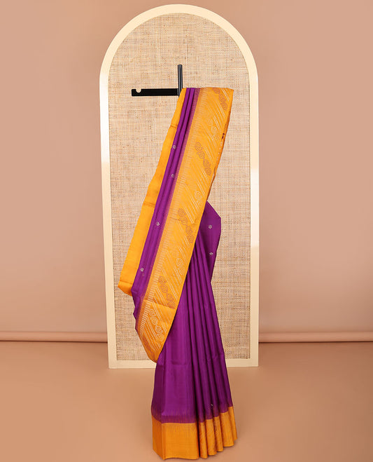 Purple flower motifs mayuri soft silk saree with contrast zari design border & bandhani floral design pallu