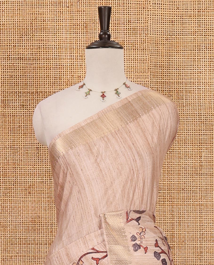 Chikku kalamkari-style floral & peacock printed katan silk saree, traditional zari border, striped pallu & matching blouse