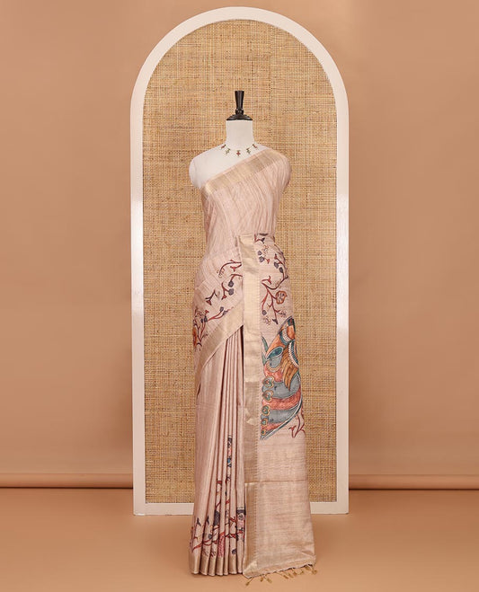 Chikku kalamkari-style floral & peacock printed katan silk saree, traditional zari border, striped pallu & matching blouse