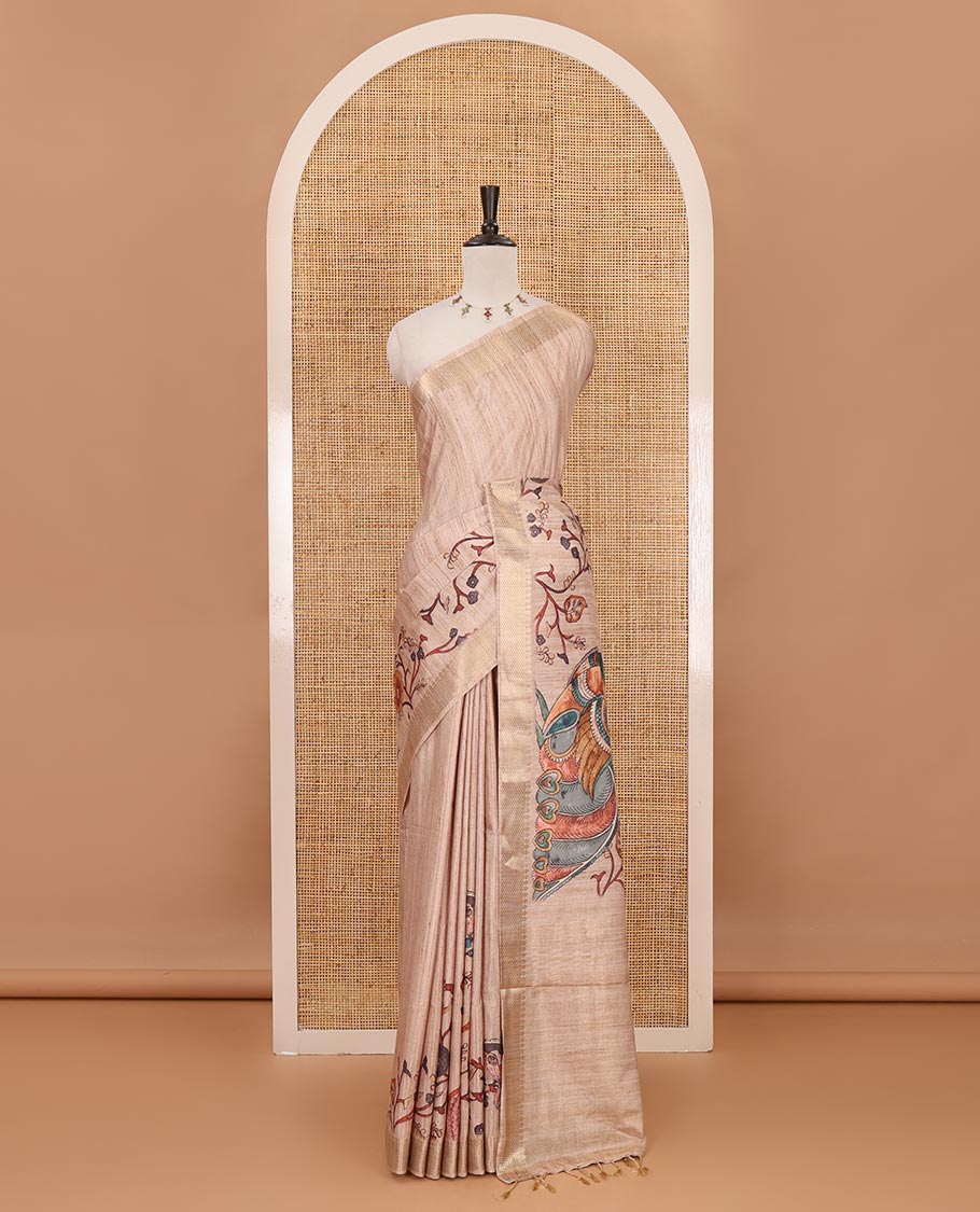 Chikku kalamkari-style floral & peacock printed katan silk saree, traditional zari border, striped pallu & matching blouse