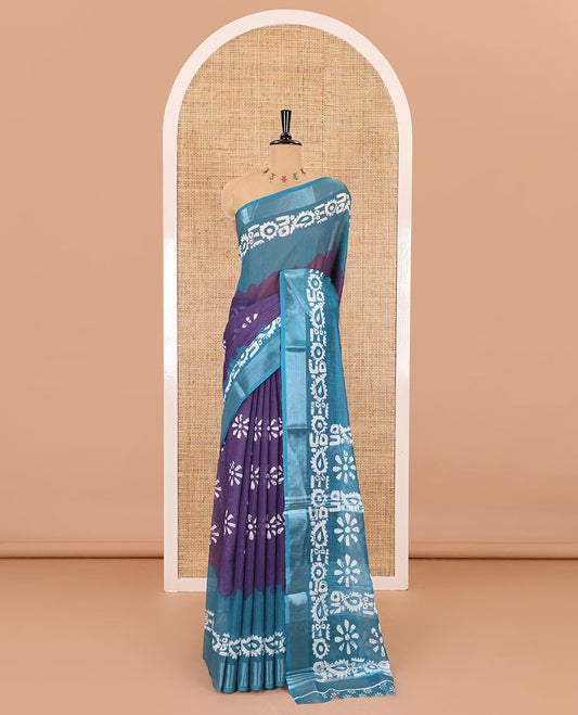 Lavender flower motifs batik printed linen cotton saree, contrast batik printed with zari woven border, batik printed pallu, and a contrast printed blouse